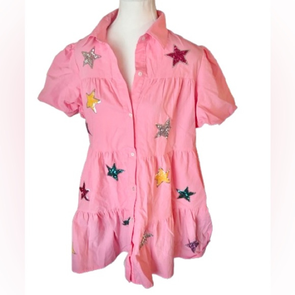 Peach Love California Sequin Star Dress Babydoll Pink Apparel Puffy Sleeves
